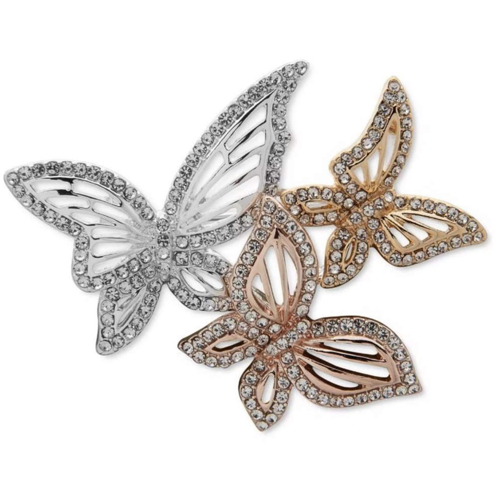 Anne Klein Tri-Color Silver Gold Rose Gold Butterfly Brooch Pin NIB